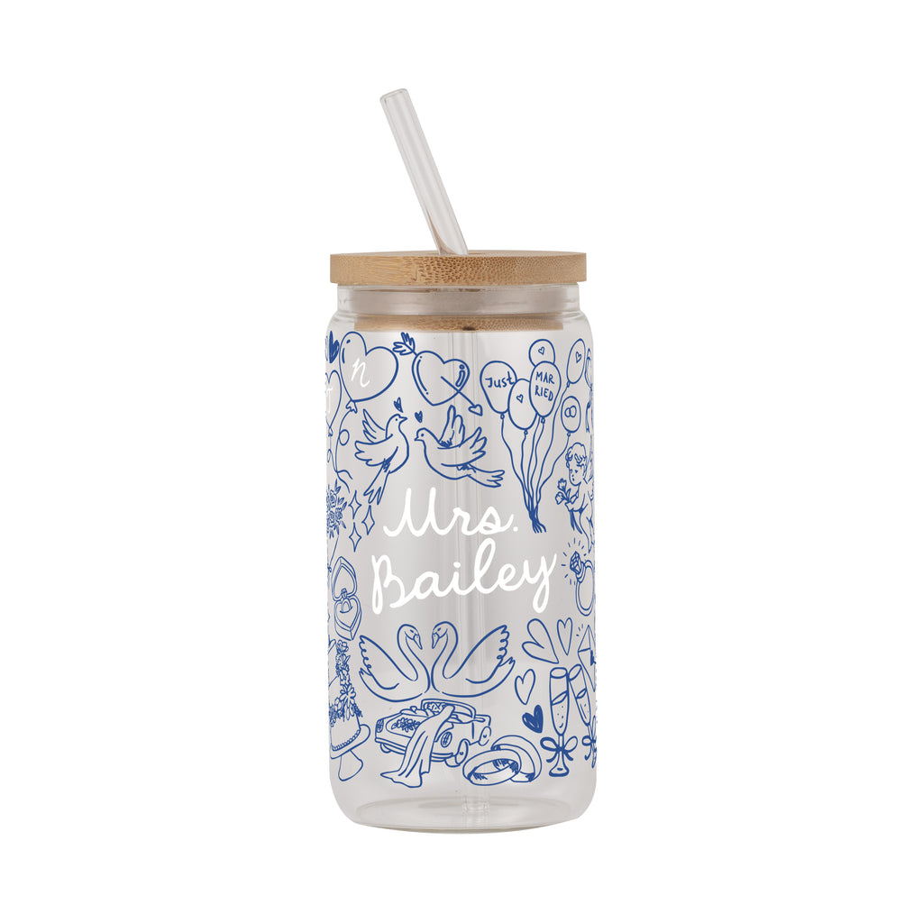 Something Blue Bridal Personalized & Non Personalized Clear Glass Mug With Lid & Straw