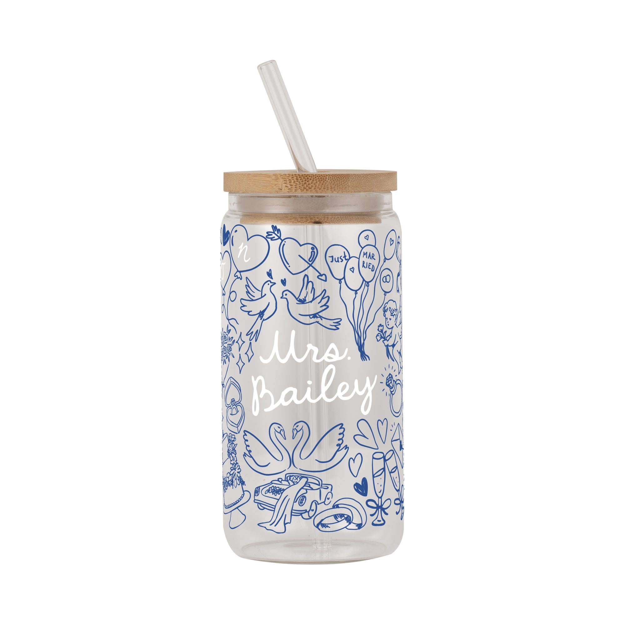 Something Blue Bridal Personalized & Non Personalized Clear Glass Mug With Lid & Straw