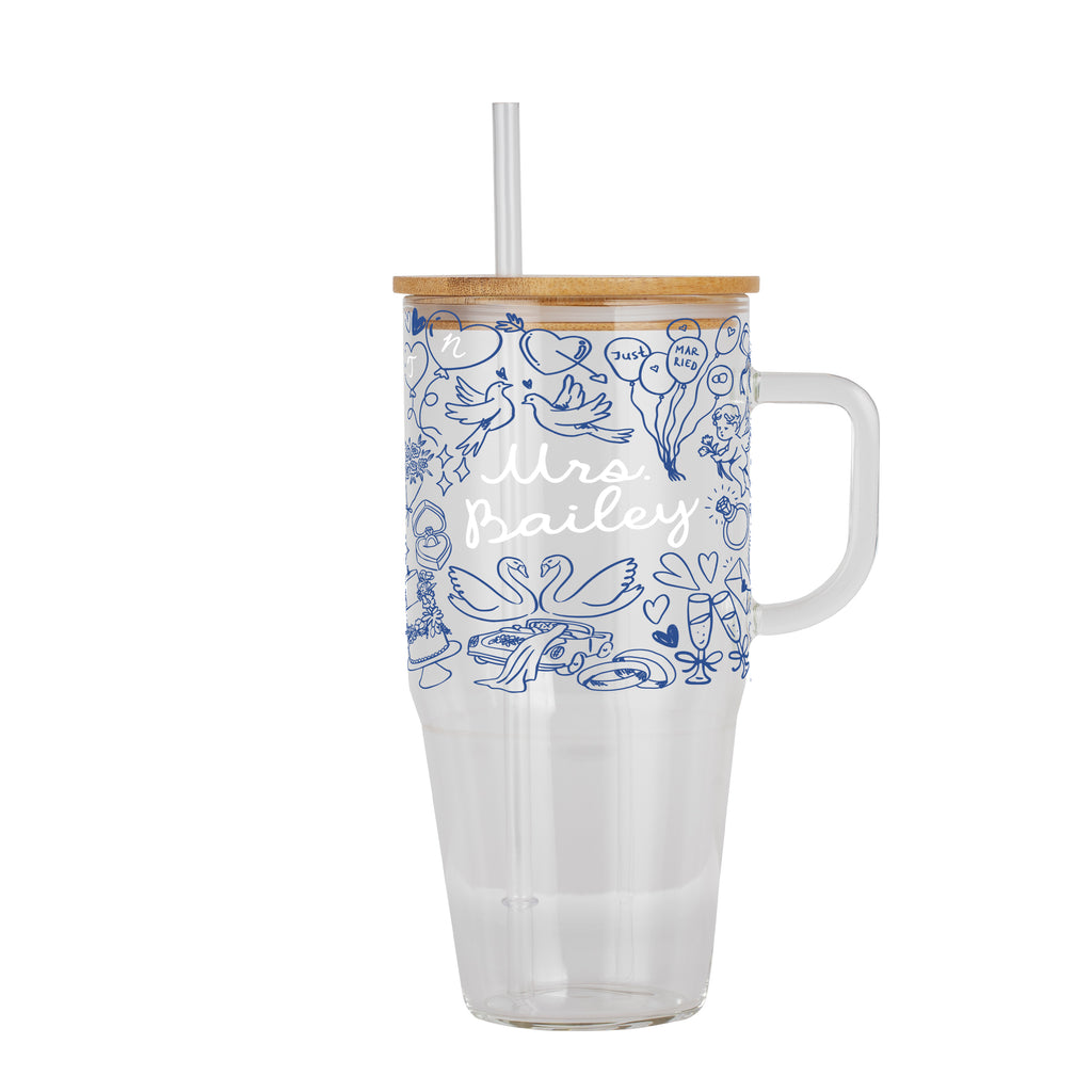Something Blue Bridal Personalized & Non Personalized Clear Glass Mug With Lid & Straw
