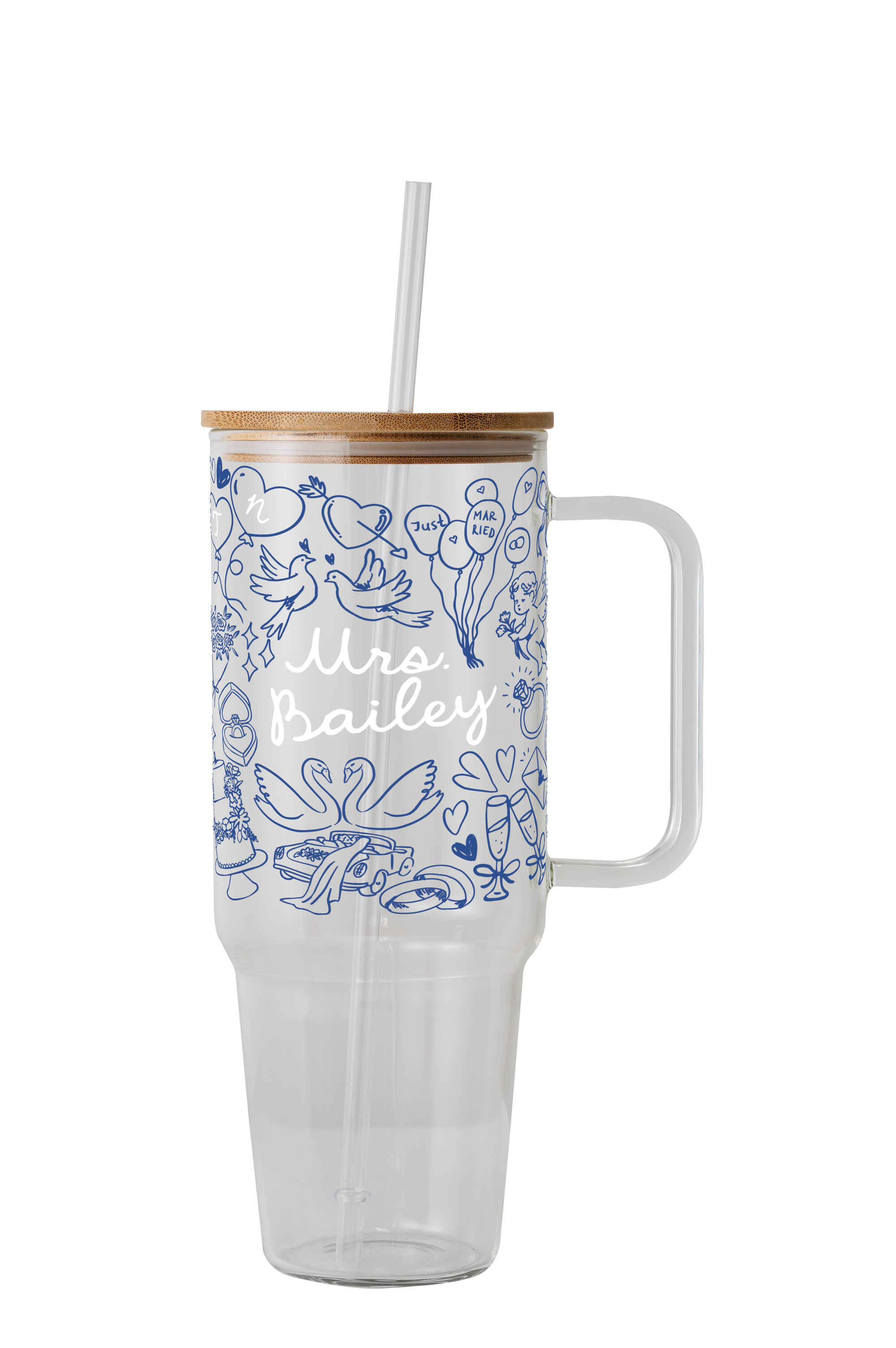 Something Blue Bridal Personalized & Non Personalized Clear Glass Mug With Lid & Straw