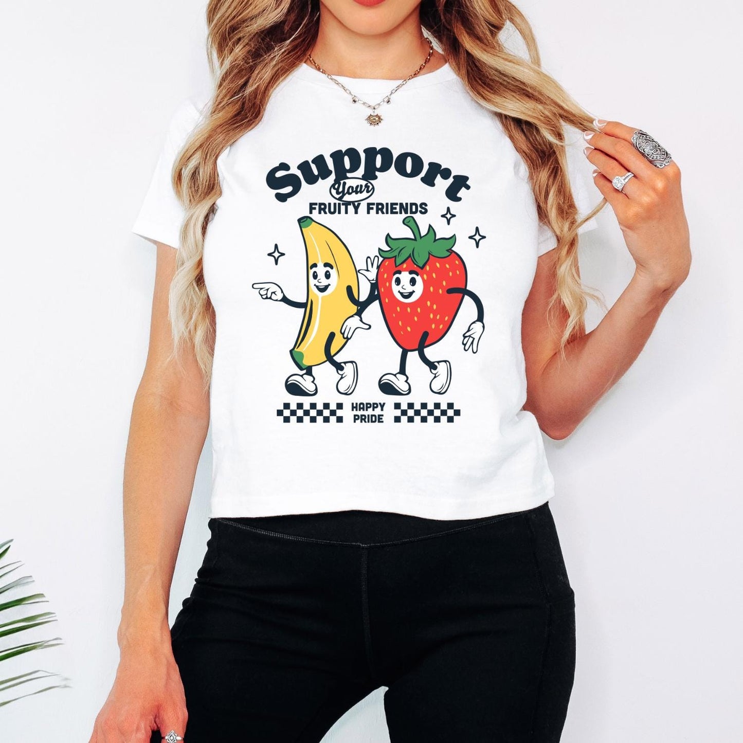 Fruity Friends Pride Crop Tee – Retro LGBTQIA Bella Canvas – view 2