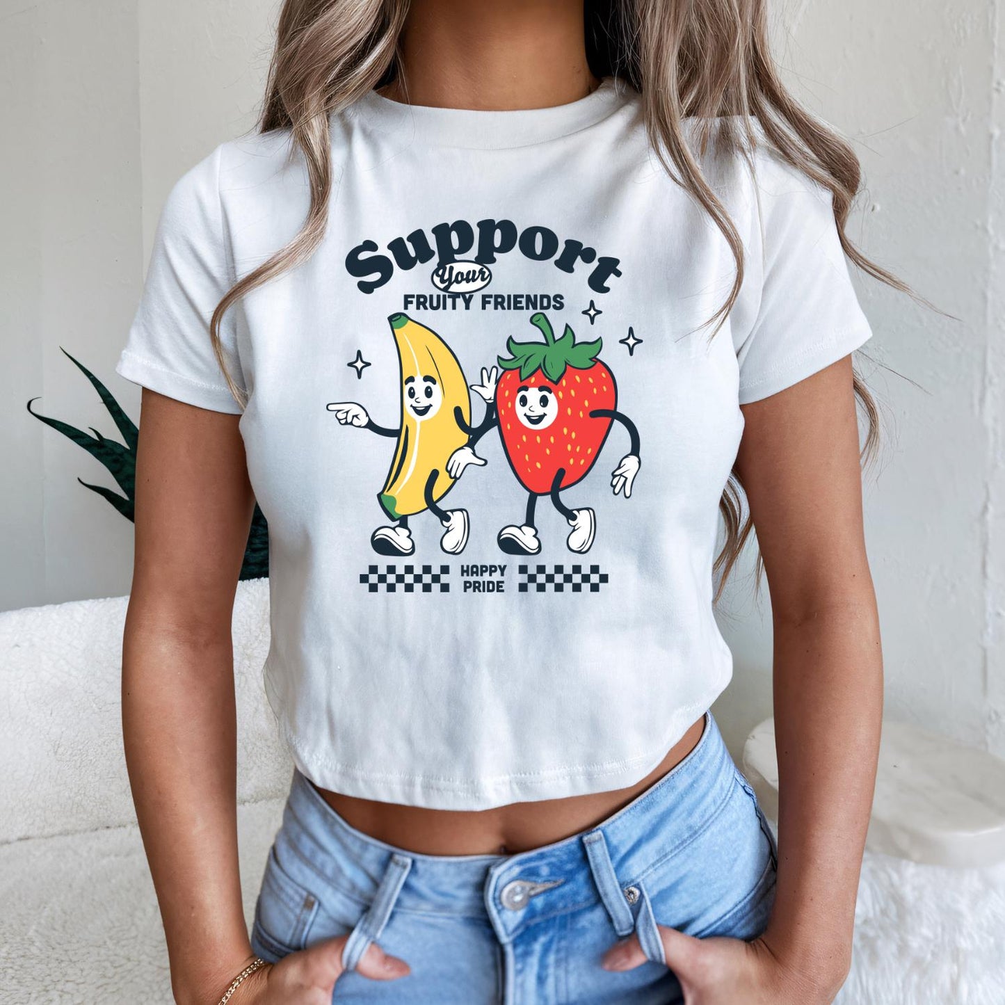 Fruity Friends Pride Crop Tee – Retro LGBTQIA Bella Canvas
