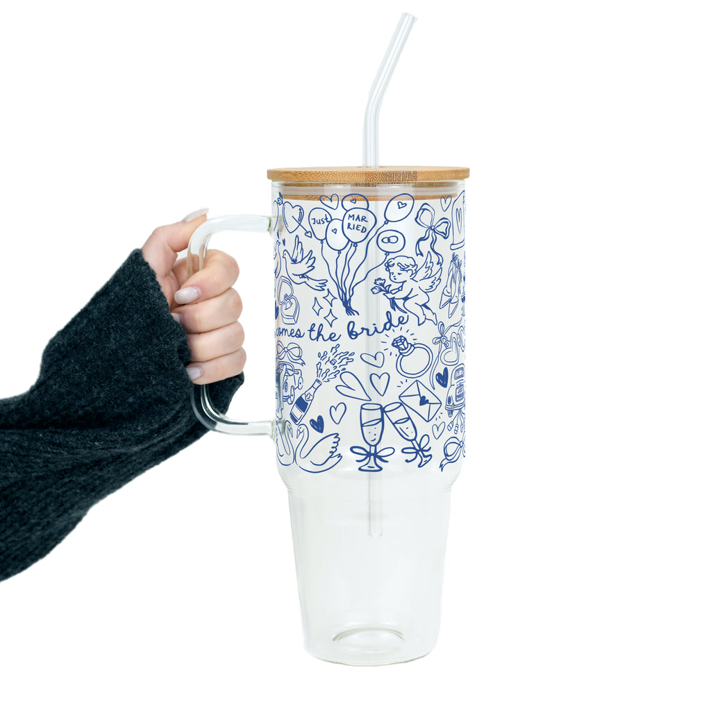 Something Blue Bridal Personalized & Non Personalized Clear Glass Mug With Lid & Straw