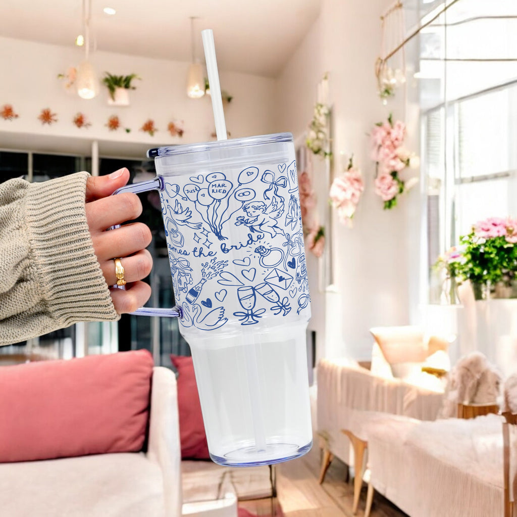 Something Blue Bridal Personalized & Non Personalized Clear Glass Mug With Lid & Straw