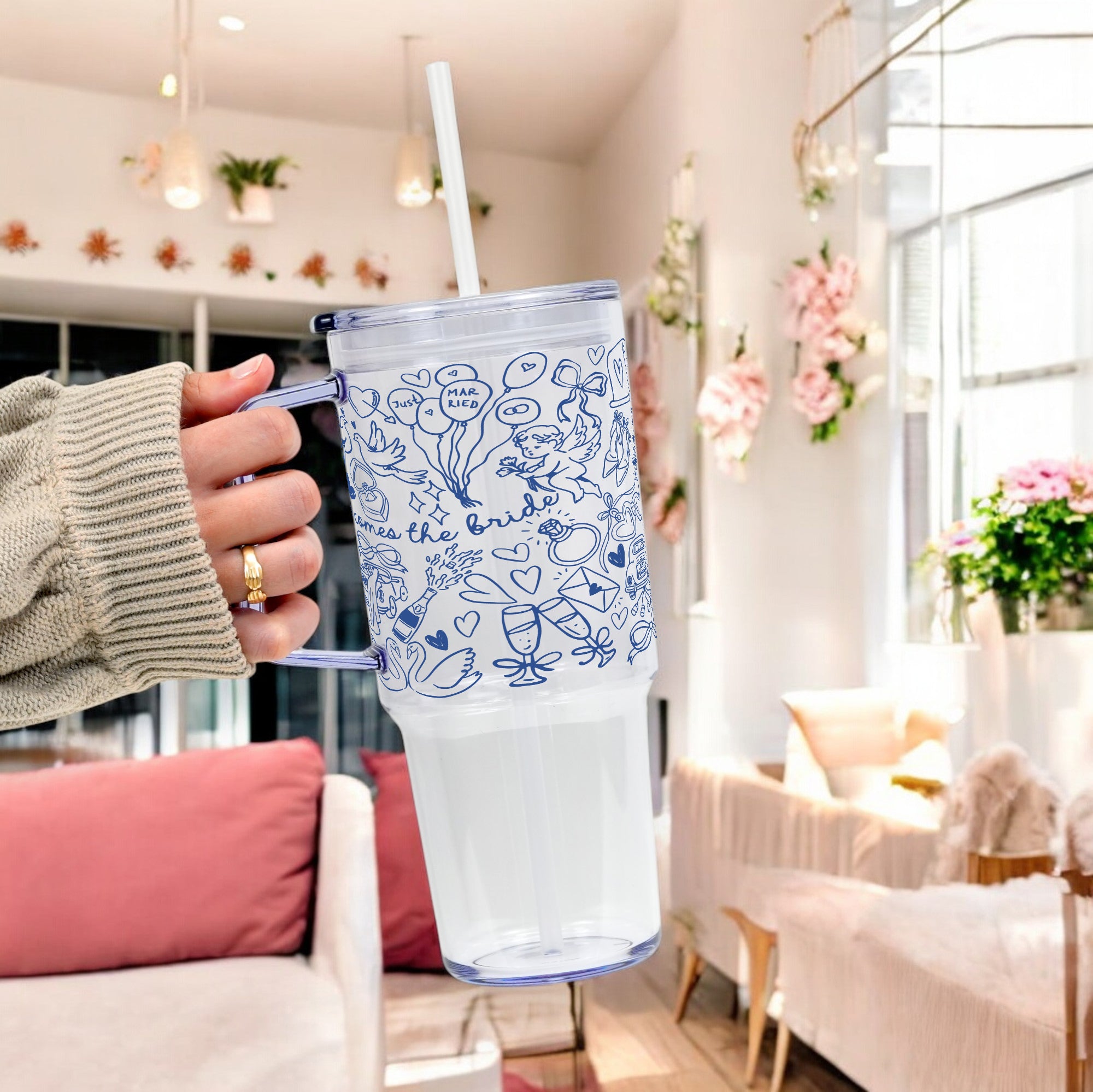 Something Blue Bridal Personalized & Non Personalized Clear Glass Mug With Lid & Straw