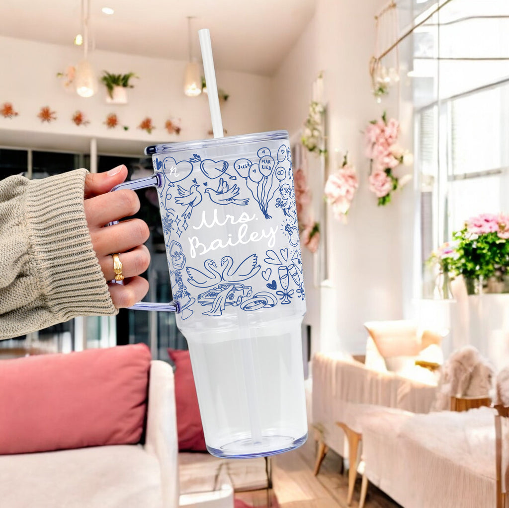 Something Blue Bridal Personalized & Non Personalized Clear Glass Mug With Lid & Straw