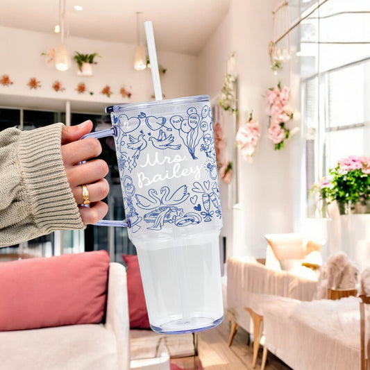 Something Blue Bridal Mug – Glass Cup with Lid & Straw