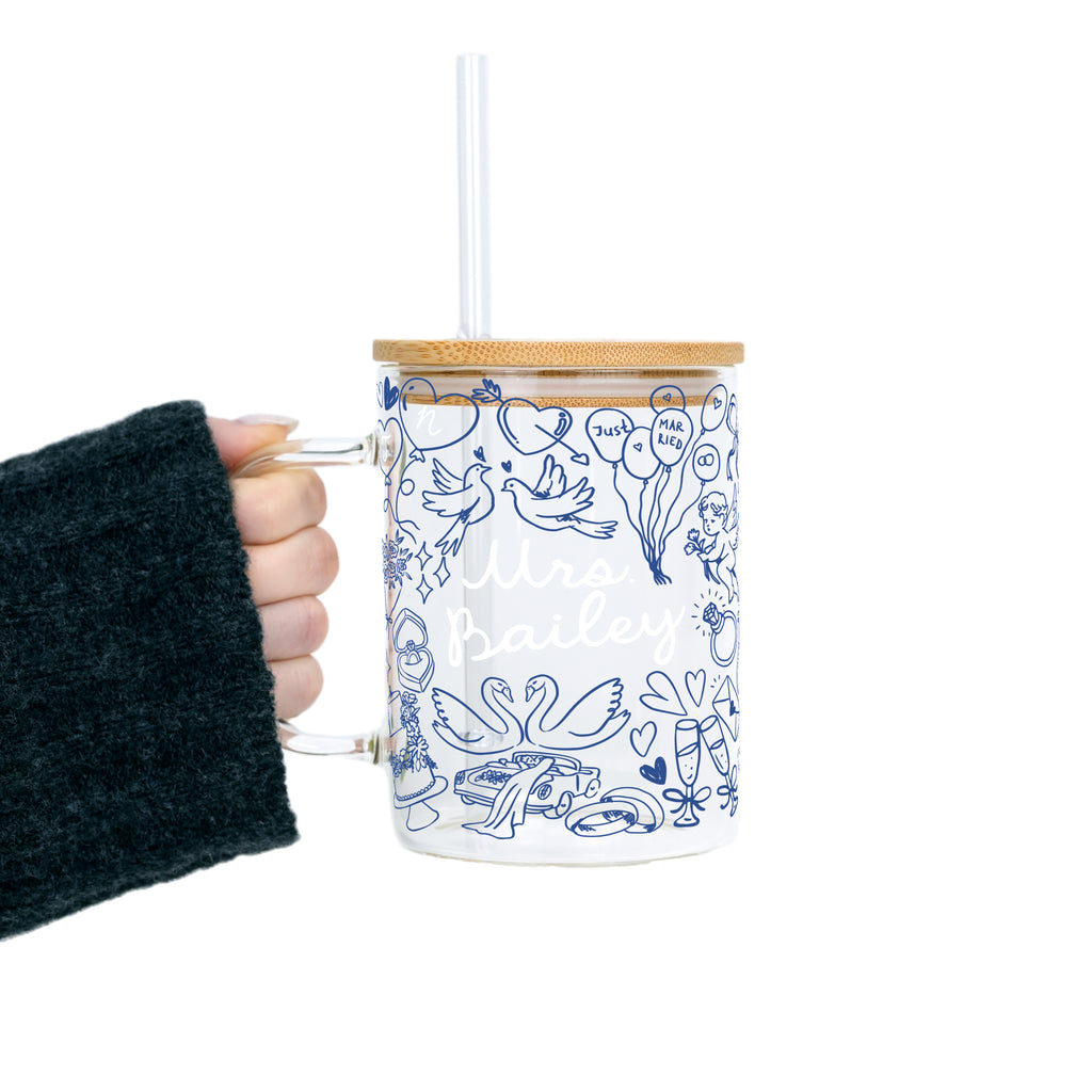 Something Blue Bridal Personalized & Non Personalized Clear Glass Mug With Lid & Straw