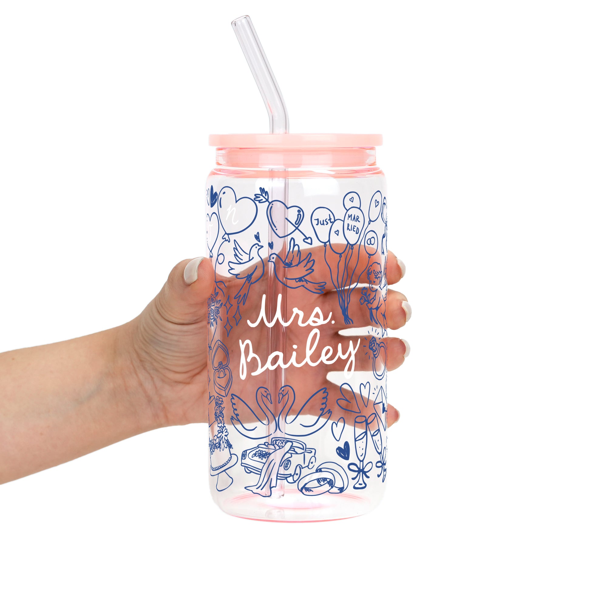 Something Blue Bridal Personalized & Non Personalized Clear Glass Mug With Lid & Straw