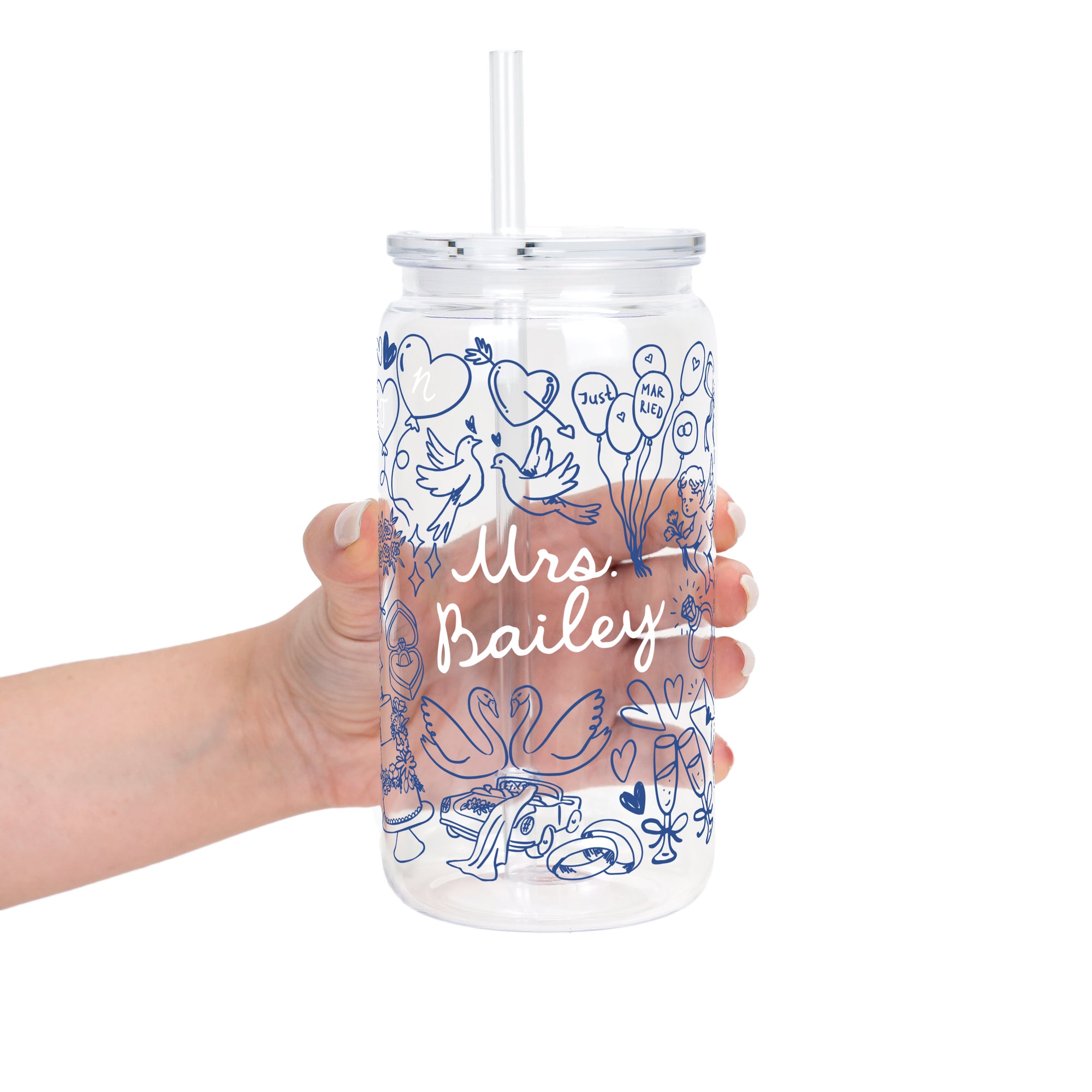 Something Blue Bridal Personalized & Non Personalized Clear Glass Mug With Lid & Straw