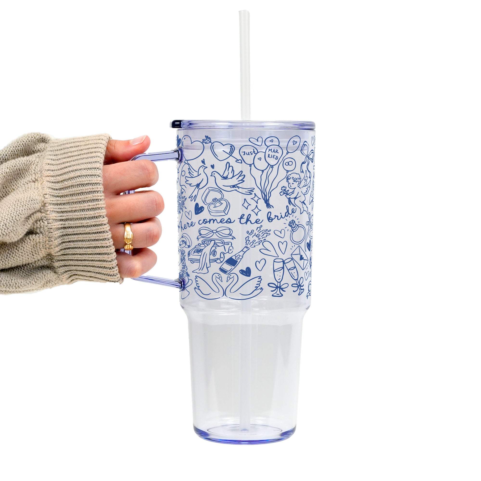 Something Blue Bridal Personalized & Non Personalized Clear Glass Mug With Lid & Straw