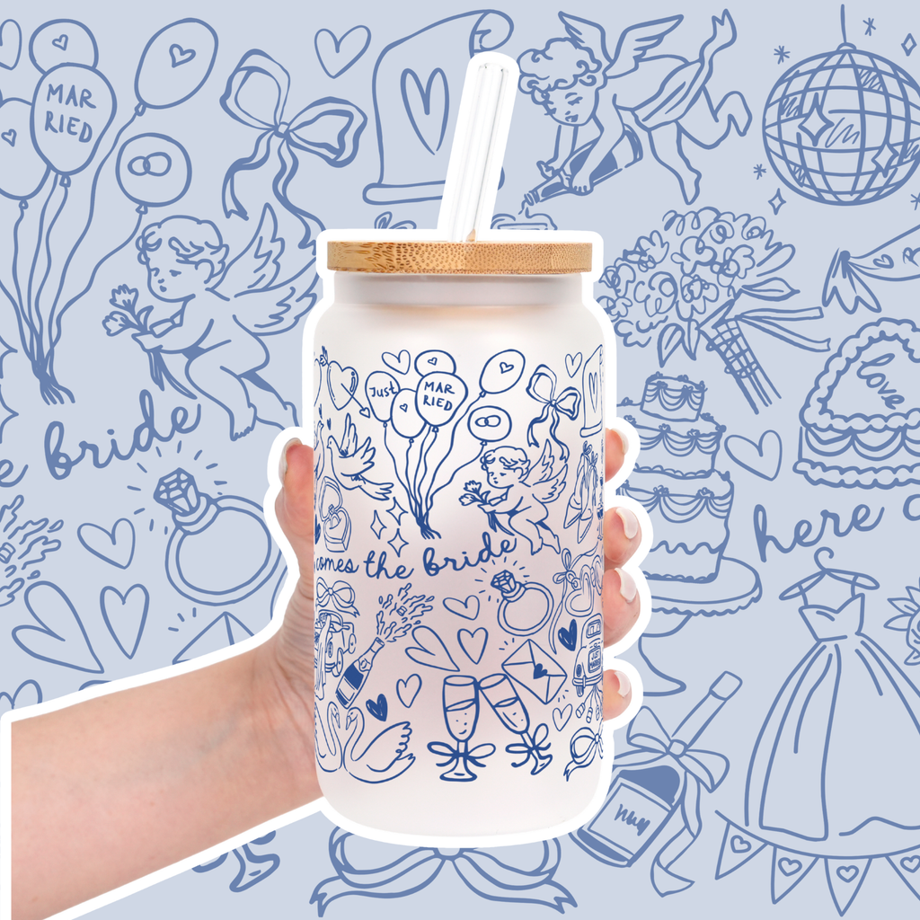 Something Blue Bridal Personalized & Non Personalized Clear Glass Mug With Lid & Straw