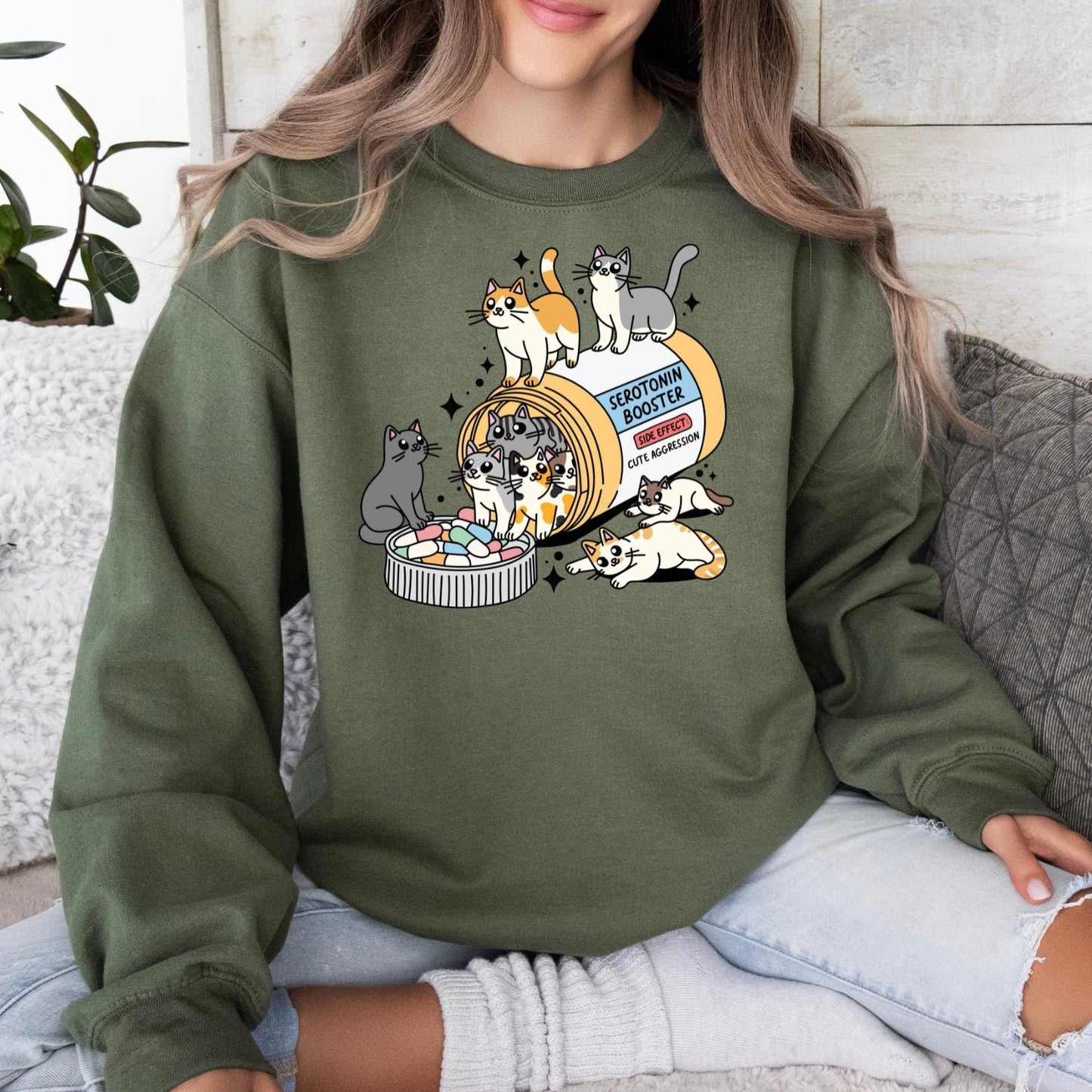 Serotonin Cat Sweatshirt – Funny Cat Mom Crewneck Gift – view 3