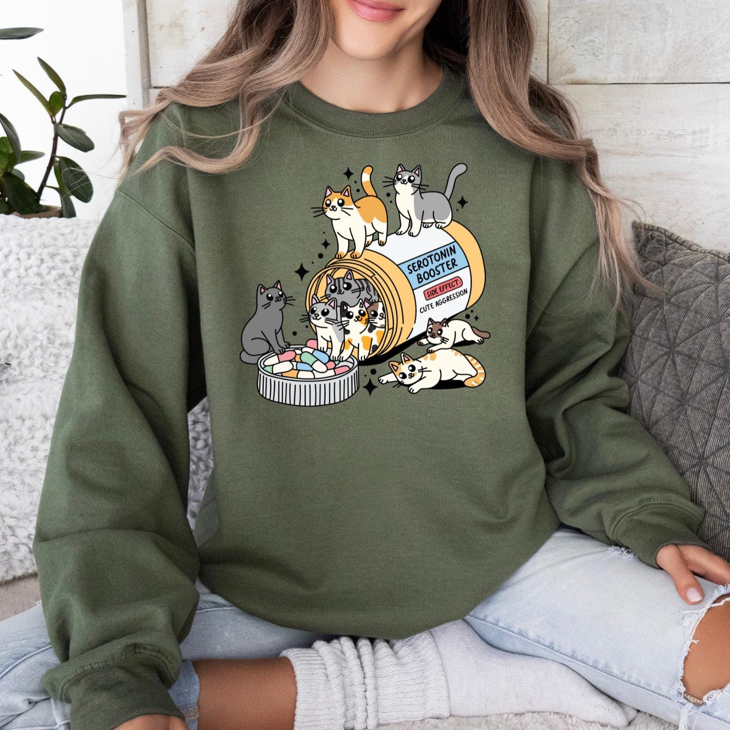 Serotonin Cat Sweatshirt – Funny Cat Mom Crewneck Gift – view 3