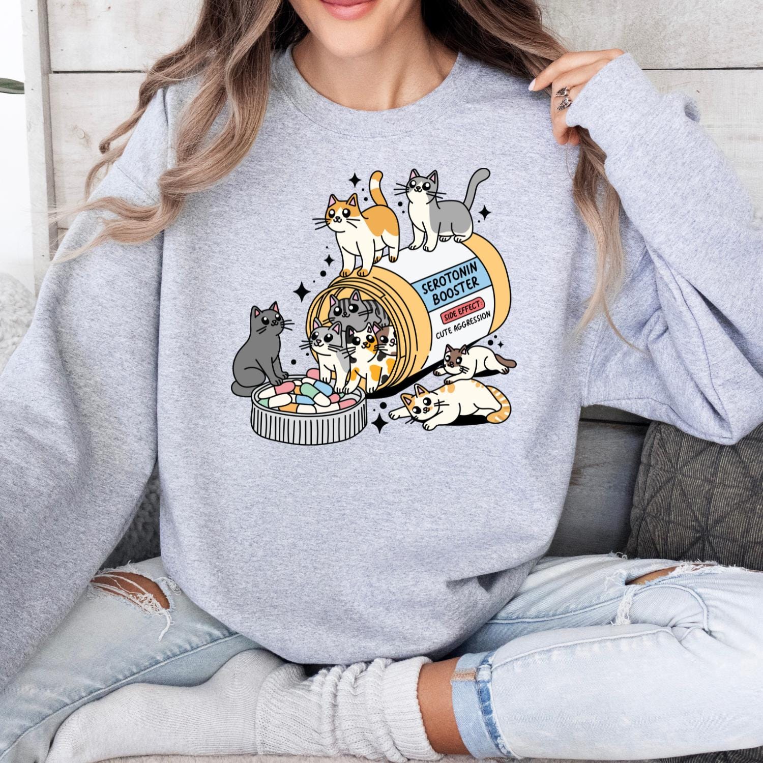 Serotonin Cat Sweatshirt – Funny Cat Mom Crewneck Gift – view 6